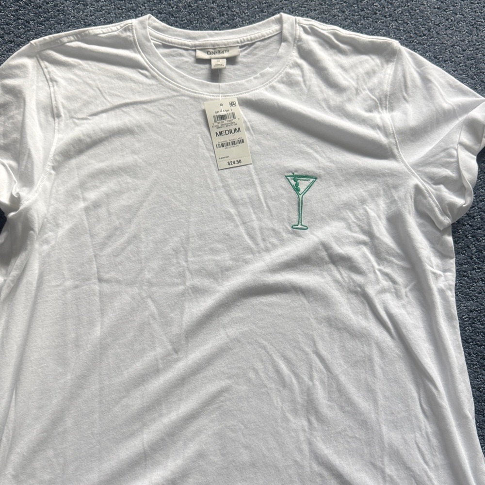 On 34th White Tee with Green Martini Design